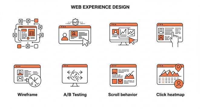 Illustration showing web experience design elements including wireframe a b testing scroll behavior and click heatmap vreated with genrated ai