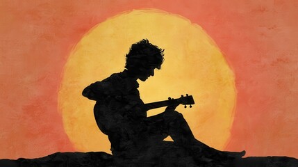 Poster - Silhouette of a person playing guitar at sunset.