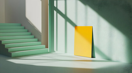 Wall Mural - Empty, sunlit room with mint green steps and an orange display