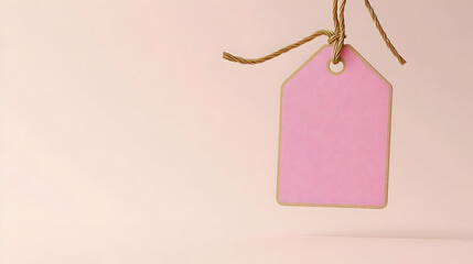 Wall Mural - Empty pink tag, tied with light brown string, against a soft blush-pink background