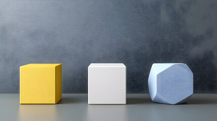 Wall Mural - Three geometric shapes, yellow cube, white cube, and blue hexagon, on a gray surface against a dark gray wall