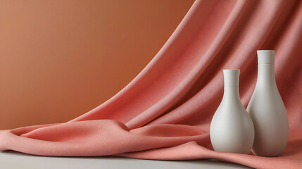 Wall Mural - Two simple white vases on a draped blush pink fabric backdrop