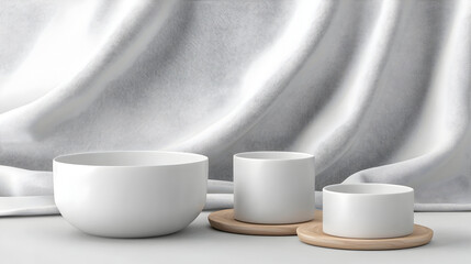 Wall Mural - Empty white bowls and cups on a light wooden surface, draped with white fabric