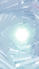Poster - Abstract tunnel of rotating translucent crystals forming a spiral toward a glowing white light at the center