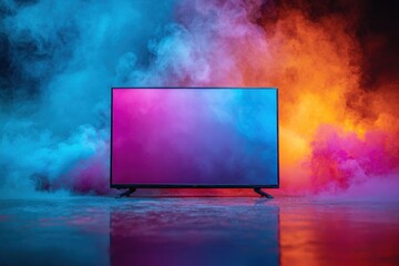 Poster - A digital display is showcased amidst swirling colorful smoke in a creative environment, highlighting modern design and technology