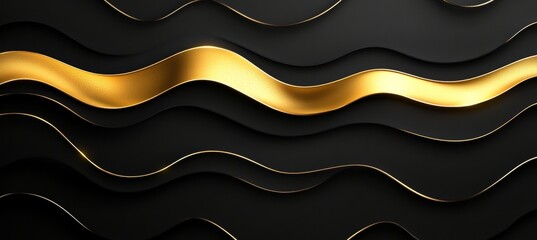 Poster - Elegant Black Background with Flowing Gold Wave, Luxurious Silk Ribbon Design for Chic Visual Appeal