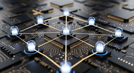 Poster - Digital globe with connectivity lines on computer chip. Global network technology concept. Abstract circuit board for big data.