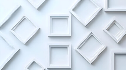 Wall Mural - Abstract composition of various sized white picture frames arranged on a light background