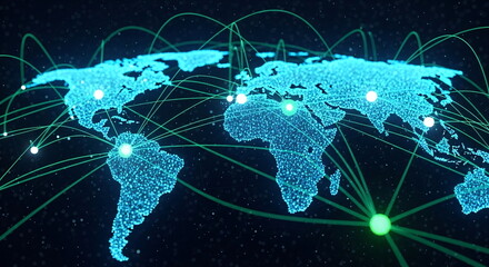 Poster - Digital world map with global connection network lines and glowing nodes. International communication and data exchange abstract concept.