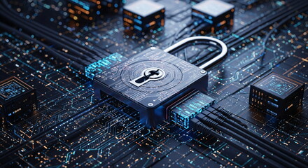 Poster - Digital padlock with network cables on a circuit board. Cybersecurity concept for data protection and safe internet browsing.