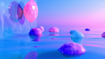 Poster - Pastel Gems Floating on a Serene, Vibrant Blue Liquid Surface