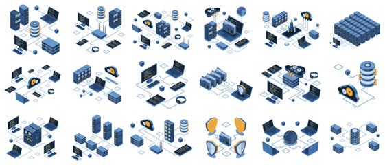 Poster - Set of isometric modern technology concept for cloud computing, datacenter, database, artificial intelligence, and blockchain technology. Isometric technology