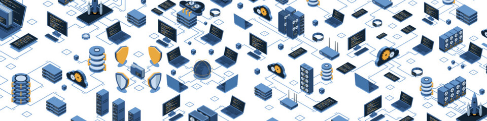 Poster - Isometric data network management. Cloud storage data and synchronization of devices. Networking, database, cloud storage. Isometric technology