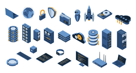 Poster - Set of isometric computer technology. Isometric set server equipment. Cloud network and database platform. Isometric technology