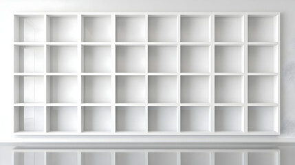 Wall Mural - Empty white shelving unit with square compartments, against a white wall, reflecting in a polished floor