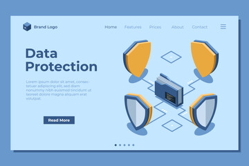 Poster - Isometric folder with shield landing page. Data protection. Folder security. Safe documents and folder. Isometric technology