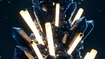 Poster - Illuminated Cluster of Dark Blue Crystals and Glowing Tubes
