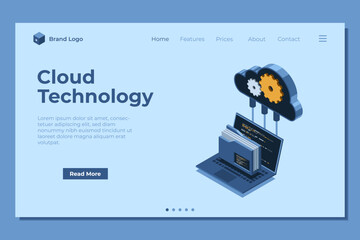 Poster - Isometric cloud storage concept landing page with laptop. Cloud technology with folder and laptop. Isometric computer file transfer. Isometric technology