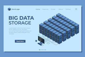 Poster - Isometric monitoring big data storage landing page. Data transmission technology. Online hosting technology concept. Isometric technology