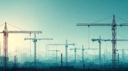 Construction Site Overview with Multiple Cranes and High-rise Buildings, Symbolizing Urban Development and Industrial Progress