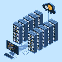 Poster - Isometric monitoring big data storage. Data transmission technology. Online hosting technology concept. Isometric technology