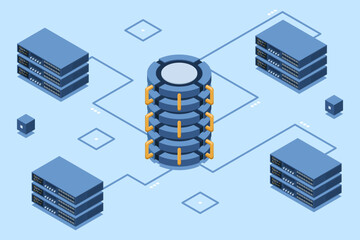 Poster - Isometric cloud database. Database with cloud server. Cloud storage. Data transmission technology. Isometric technology