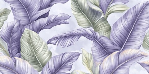 Poster - Watercolor Botanical Art of Tropical Leaves in Pastel Purple Tones for Home Decor Inspiration
