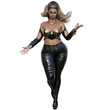 © HWWO Stock - 3D-rendered female fantasy character with a curvy figure in black leather pants and a gold-accented fantasy top, isolated on transparent background