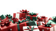 © Saad - • A pile of red and green Christmas presents with bows, isolated on white background in HD