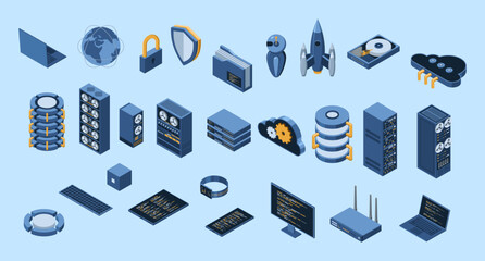Poster - Set of isometric computer technology. Isometric set server equipment. Cloud network and database platform. Isometric technology