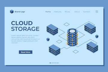 Poster - Isometric cloud database landing page. Database with cloud server. Cloud storage. Data transmission technology. Isometric technology