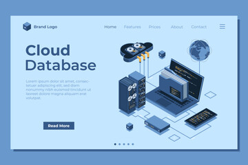 Poster - Isometric cloud authentication system with laptop landing page. Cloud technology computing concept. Cloud database. Internet data services. Isometric technology