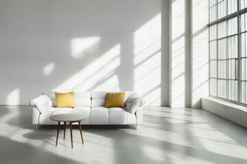 Poster - Modern studio interior featuring a stylish sofa with accent pillows and bright window lighting