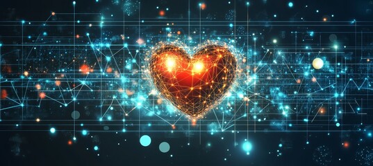 Poster - Digital heartbeat monitoring with vibrant illuminated heart icon and advanced circuit technology.
