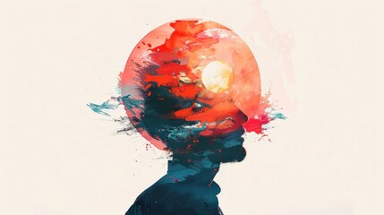 Poster - Colorful Wellness Illustrations with Watercolor Silhouettes and Abstract Orbs, Vibrant Sun and Splashes, Isolated on White Background for Creative Projects