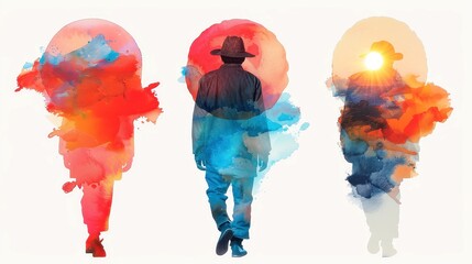 Poster - Colorful Wellness Illustrations, Watercolor Human Silhouettes with Abstract Orbs and Sun, Vibrant Splashes on White Background, Die-Cut Clipart Collection Set