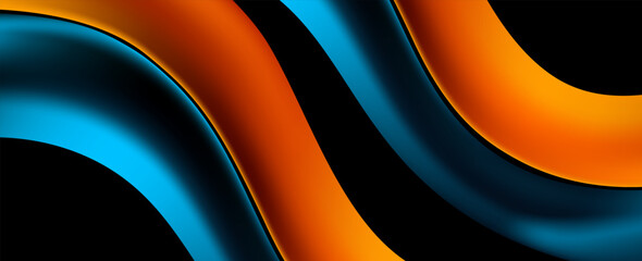 Wall Mural - 3D blue yellow abstract background with overlapping layers on dark space with flowing wave effect decoration. Vector illustration