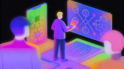 Poster - business iot ai automation concept business man with virtual ai automation connect internet of thing iot for business in the future technology ai automation blockchain technology banner background