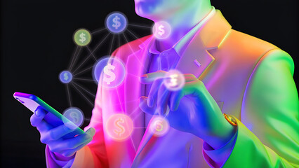 Poster - businessman use smartphone with icon banking on network connection digital marketing finance and banking networking fintech online shopping ai technology cyber security business tech