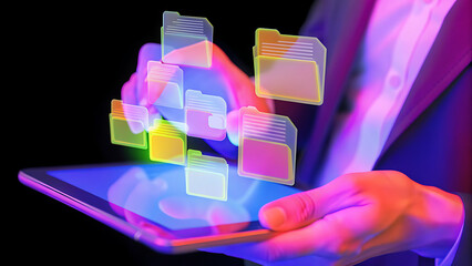 Poster - document management and network system concept businessman use smart tablet loading documents in online archives document management storage and technology on digital document paperless operation