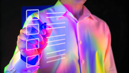 Poster - document management concept businessman check electronic data on digital on virtual screen document management system and process automation to efficiently paperless operate
