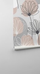Poster - Elegant floral line art wallpaper for interior design with neutral color palette application