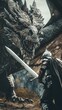 © COK House - A figure in armor with a sword in front of a dragon, for fantasy and gaming projects.