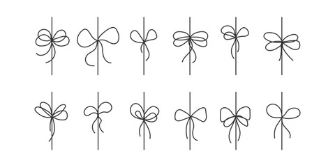 Poster - Set of Line bows on ribbon. Black line art gift decoration. Outline sketch present packaging element. Hand drawn simple Bow knots. Great for Christmas holiday birthday anniversary celebration 