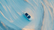 © sommersby - Top-down view of a sleek white automobile navigating a vast, artistic desert terrain with wind-sculpted ripples, representing serene exploration and journey, ideal for automotive advertisement.