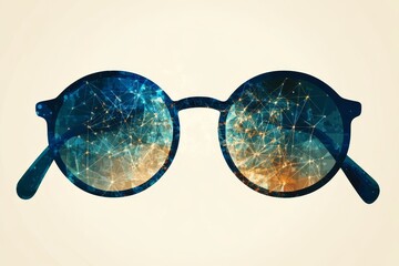 Poster - Stylish Digital Polygonal Glasses with Abstract Cosmic Network Reflection for Futuristic Vision