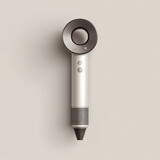 Elegant hair dryer with futuristic design, silver and gray color and modern style