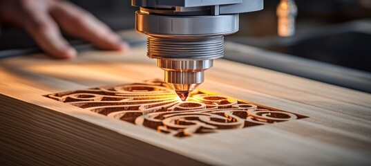 Poster - Close Up of a High Speed CNC Router with Laser Engraving Complex Patterns into Wood Board