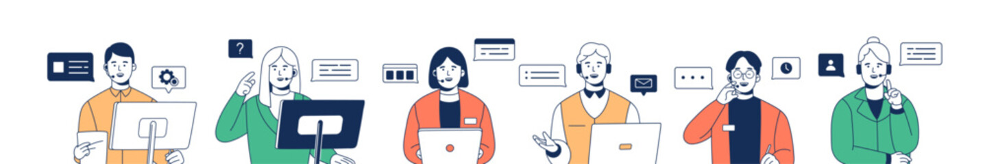 Poster - Operators of call center set. Service of technical support and help. Workers of hotline, helpdesk communicate with clients by headset. Flat isolated outline vector illustrations on white background