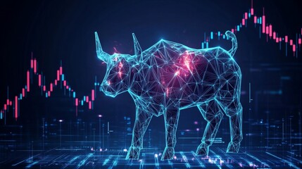 Poster - Digital Bull Symbolizing Financial Strength and Market Uptrend with Candlestick Patterns in Blue
